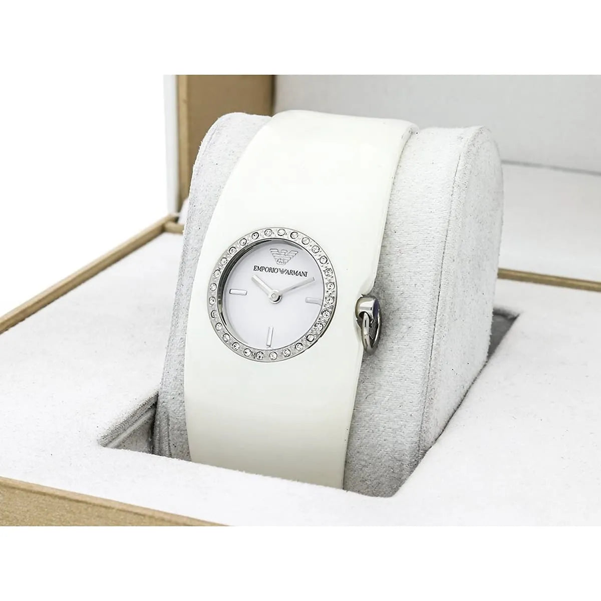 Emporio Armani AR0740 ladies watch worn on wrist, showing white strap and crystal bezel