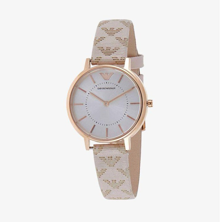 Side angle view of Emporio Armani Kappa watch showing white dial and beige patterned leather strap