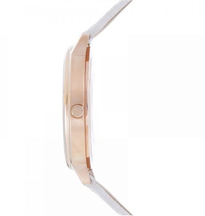 Side profile of Emporio Armani Kappa watch showing rose gold case thickness and beige strap