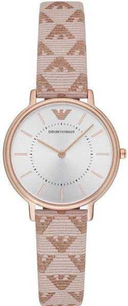 Emporio Armani Kappa women's watch with white dial, rose gold case, and beige leather strap with eagle pattern