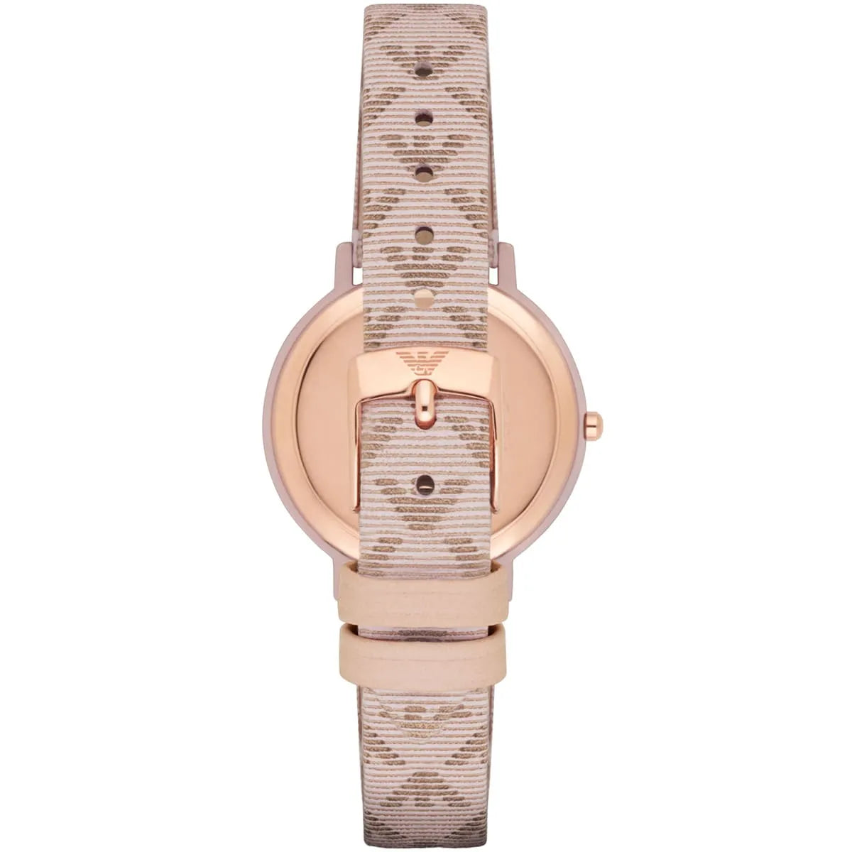 Emporio Armani Kappa women's dress watch on wrist showing rose-gold case and beige textile strap