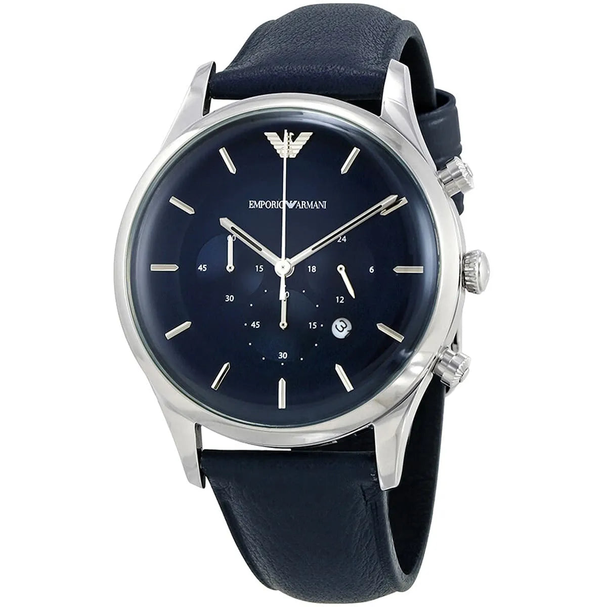 Emporio Armani Chronograph Leather Strap Blue Dial 43mm Men's Watch - AR11018