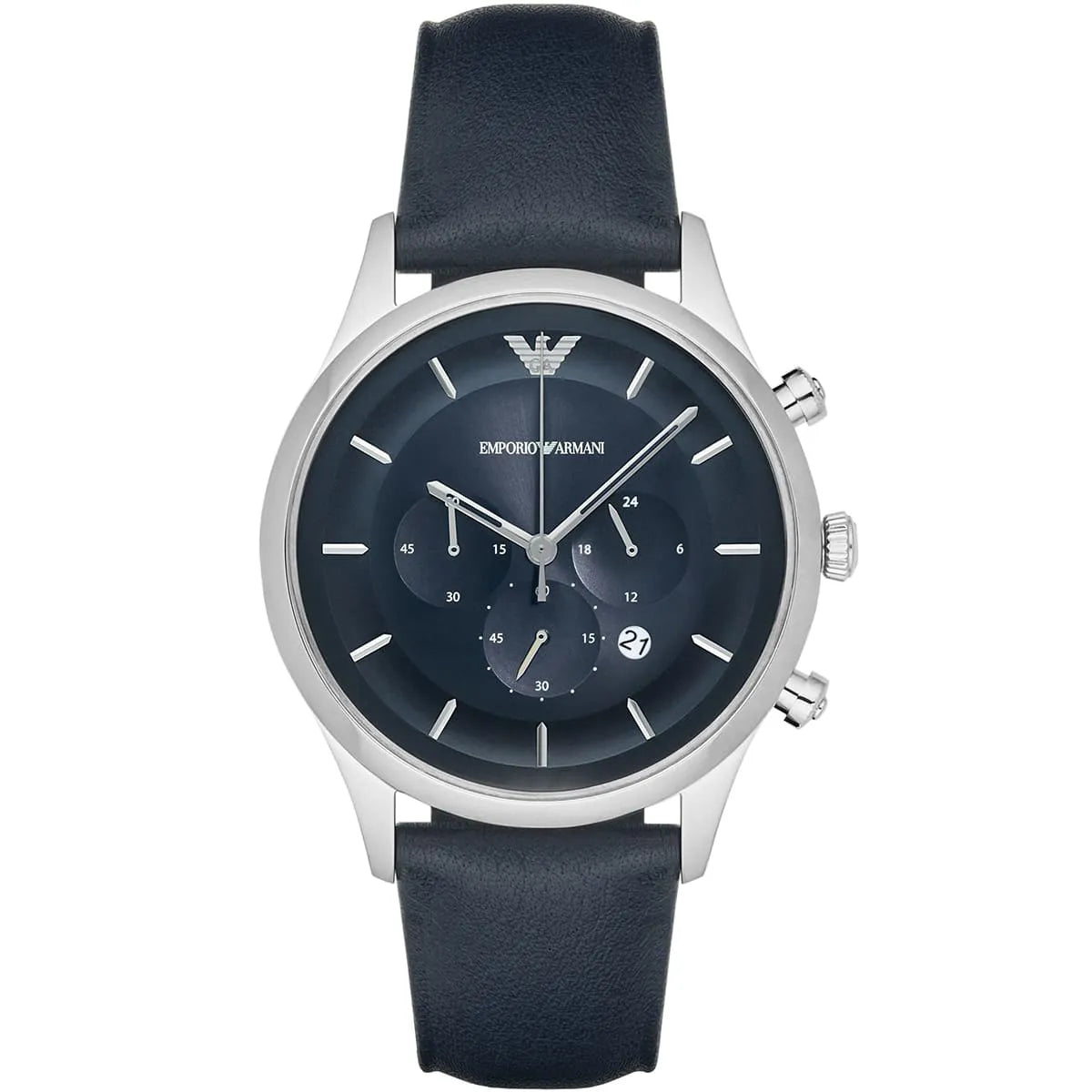 Emporio Armani Chronograph Leather Strap Blue Dial 43mm Men's Watch - AR11018