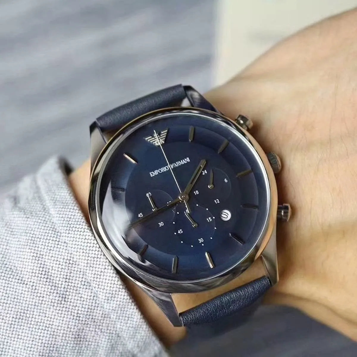 Emporio Armani Chronograph Leather Strap Blue Dial 43mm Men's Watch - AR11018