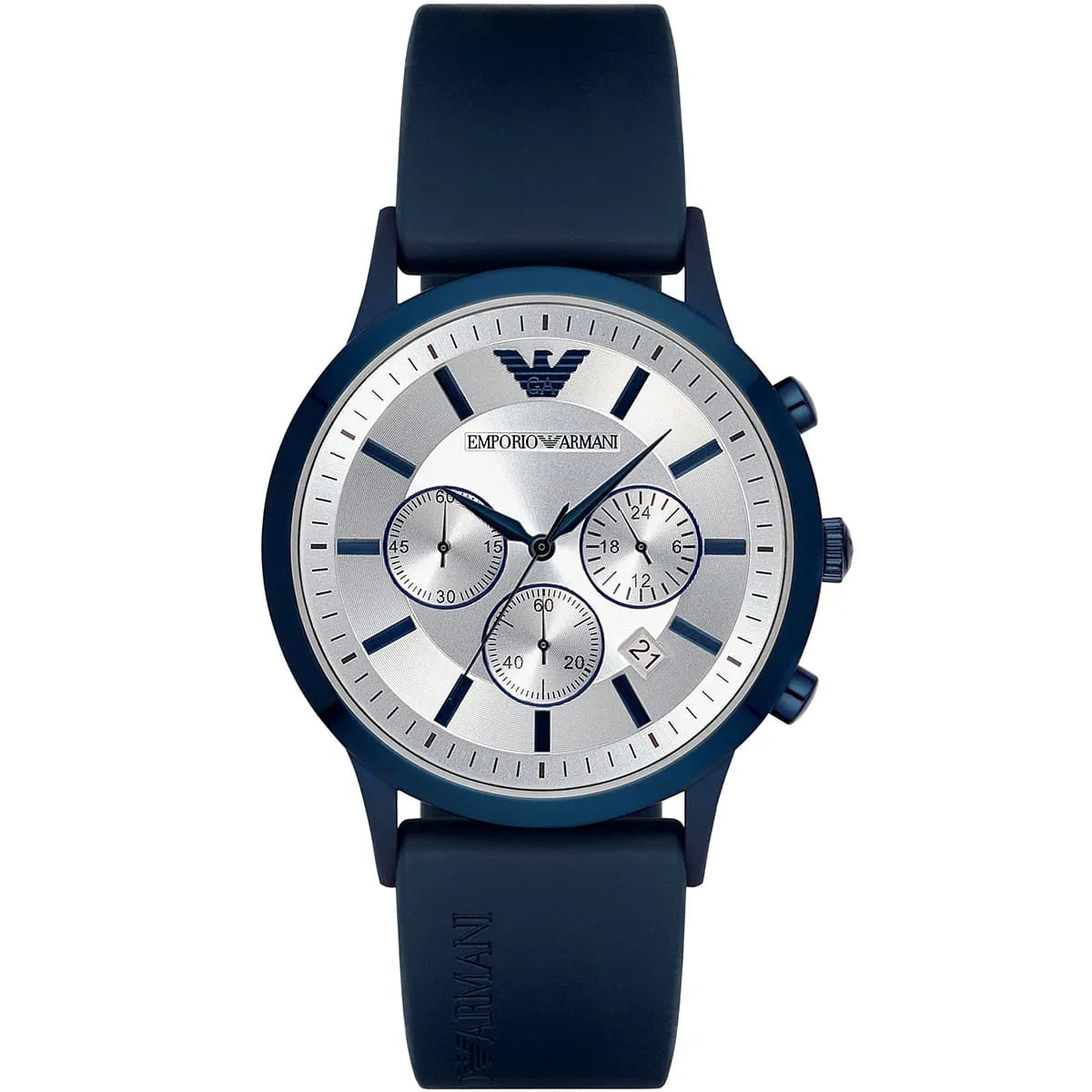 Emporio Armani Renato Chronograph Silver Dial Blue Silicone Strap Watch AR11026