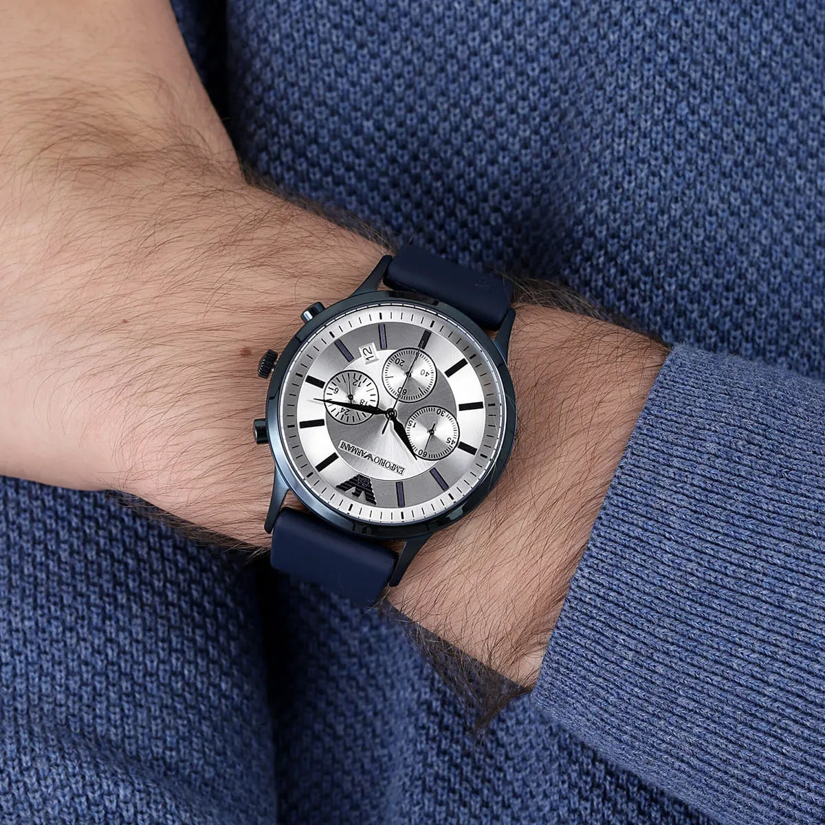 Emporio Armani Renato Chronograph Silver Dial Blue Silicone Strap Watch AR11026