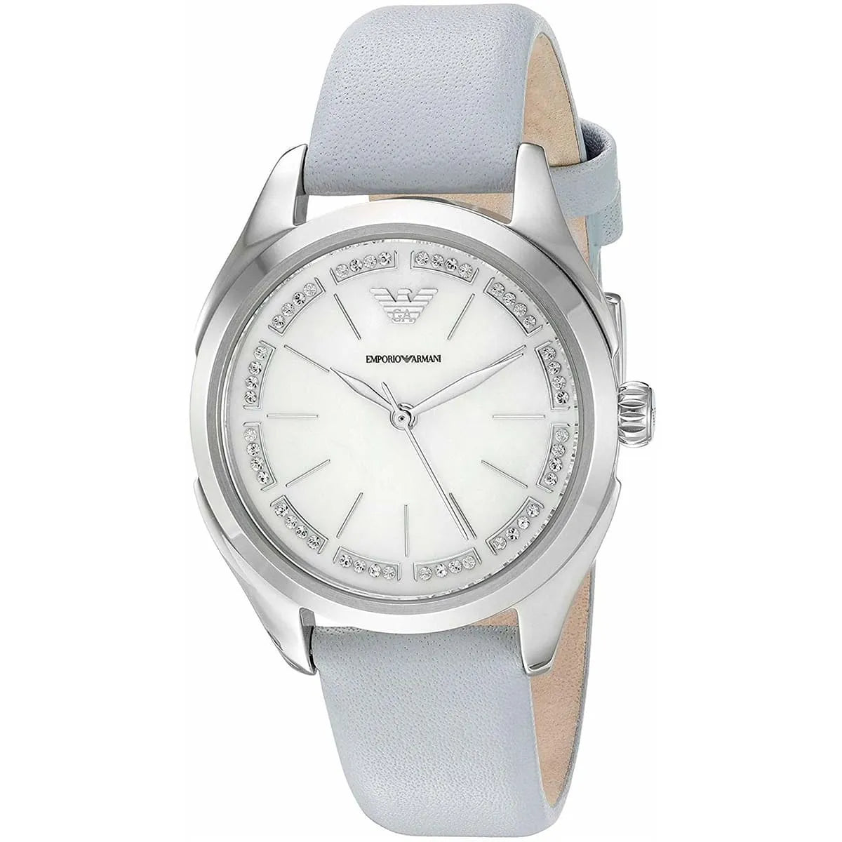 Angled view of Emporio Armani Valeria watch showing silver case and gray leather strap