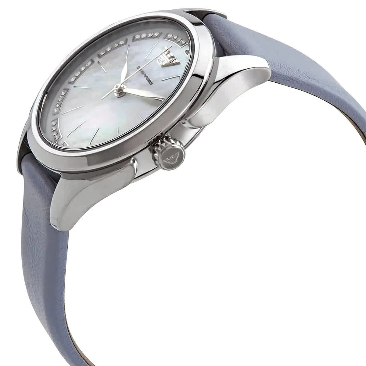 Emporio Armani Valeria watch on wrist showing white dial and crystal-set bezel
