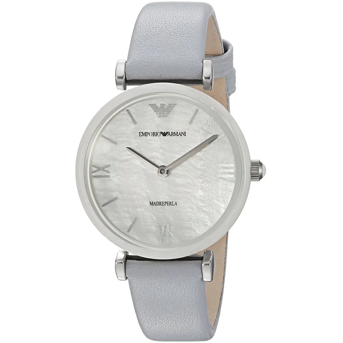 Emporio Armani Gianni T-Bar watch three-quarter view showing mother-of-pearl dial detail and leather strap