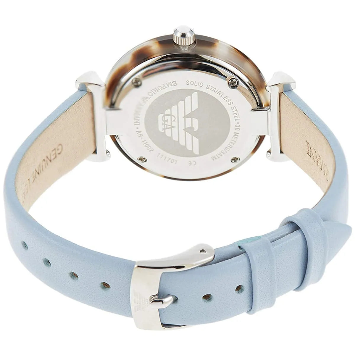Emporio Armani Gianni T-Bar watch caseback view with Emporio Armani branding visible on case