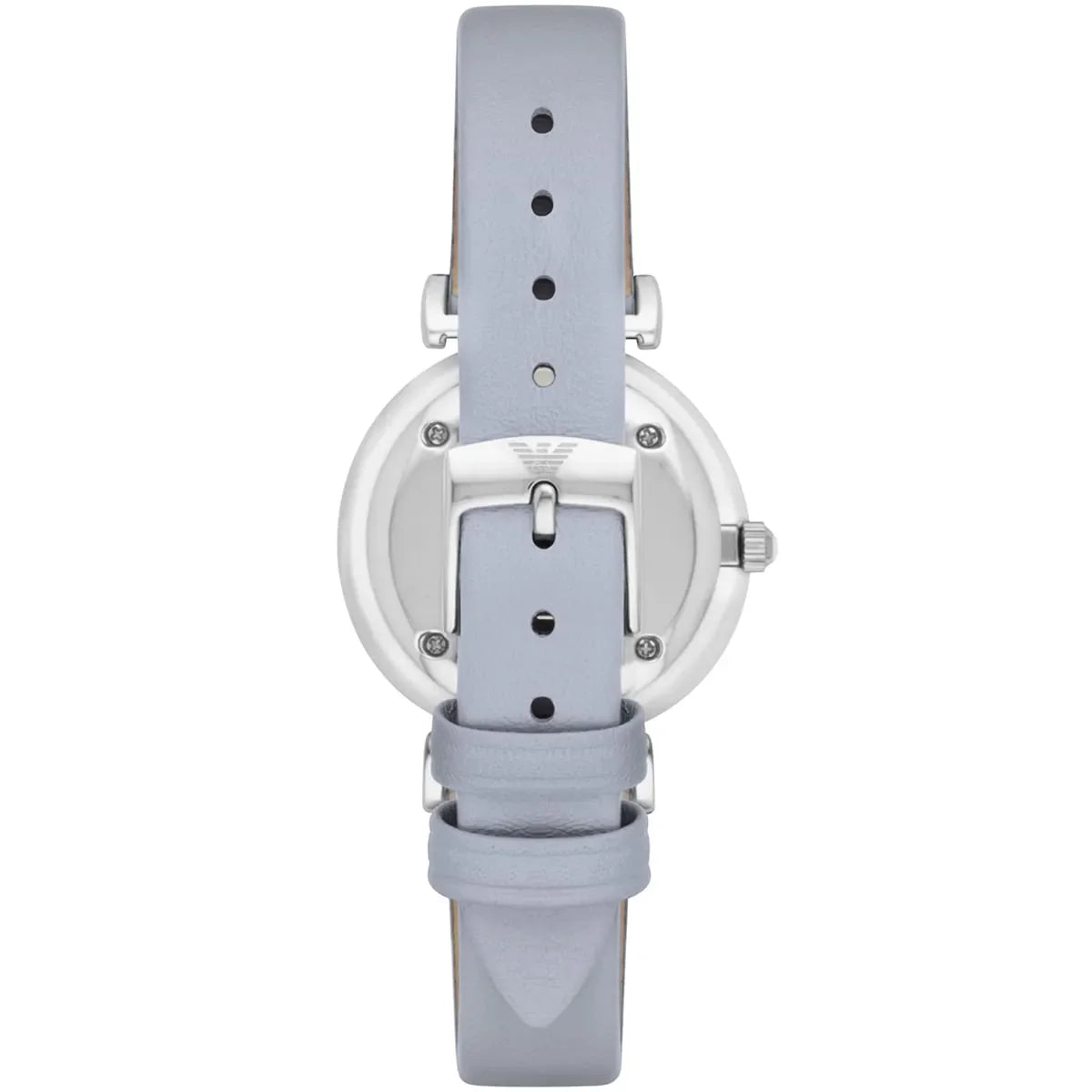 Emporio Armani Gianni T-Bar watch caseback showing T-bar hardware and grey leather strap