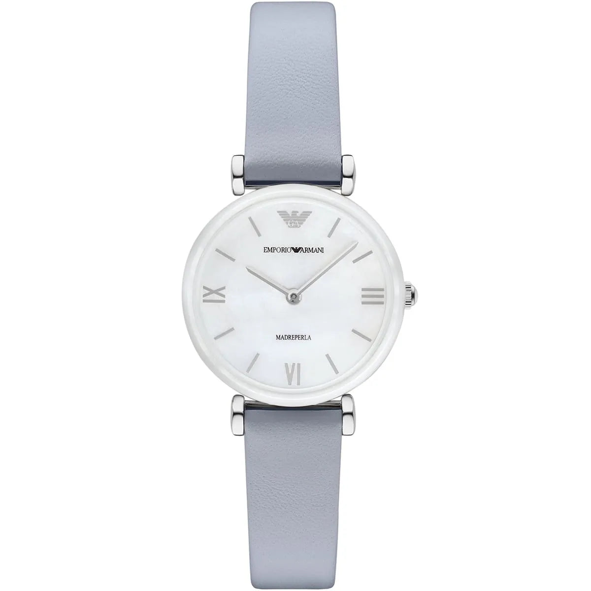 Emporio Armani Gianni T-Bar women's watch with mother-of-pearl white dial and grey leather strap