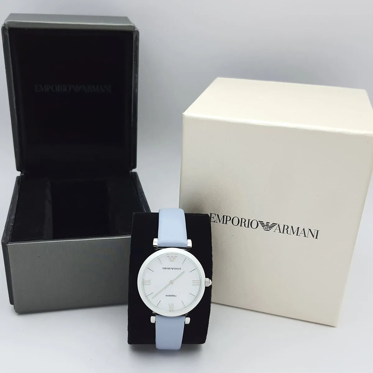 Emporio Armani Gianni T-Bar watch in retail packaging with grey leather strap and presentation box