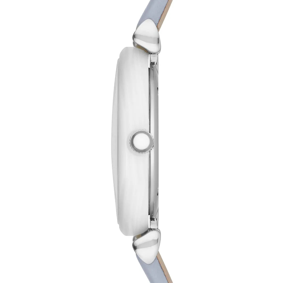 Emporio Armani Gianni T-Bar watch side profile showing case depth with grey leather strap