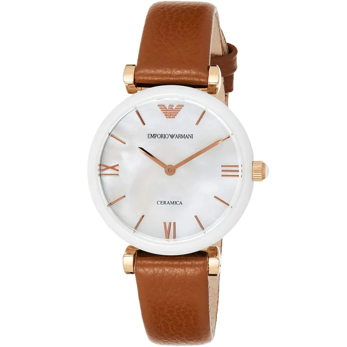 Emporio Armani Gianni T-Bar watch angled view showing ceramic dial and brown leather strap with T-Bar design