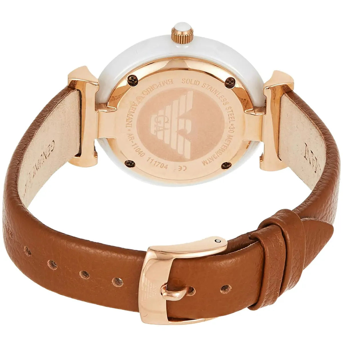 Close-up detail of Emporio Armani Gianni T-Bar dial with Roman numerals and rose gold hand indices