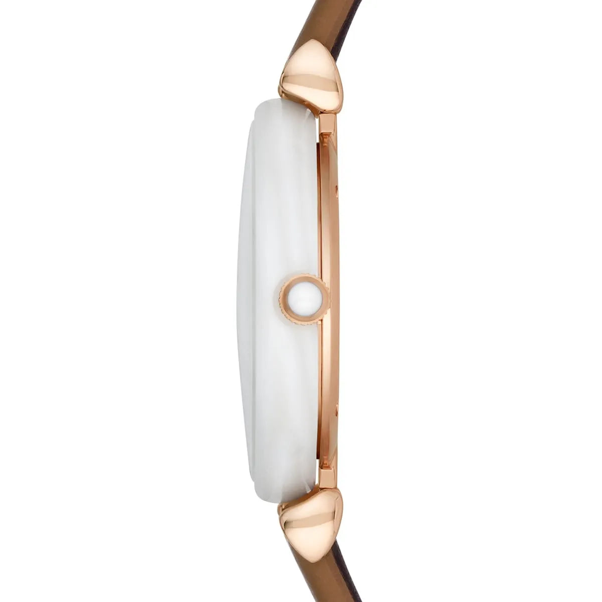 Emporio Armani Gianni T-Bar side profile displaying white ceramic case and brown leather strap