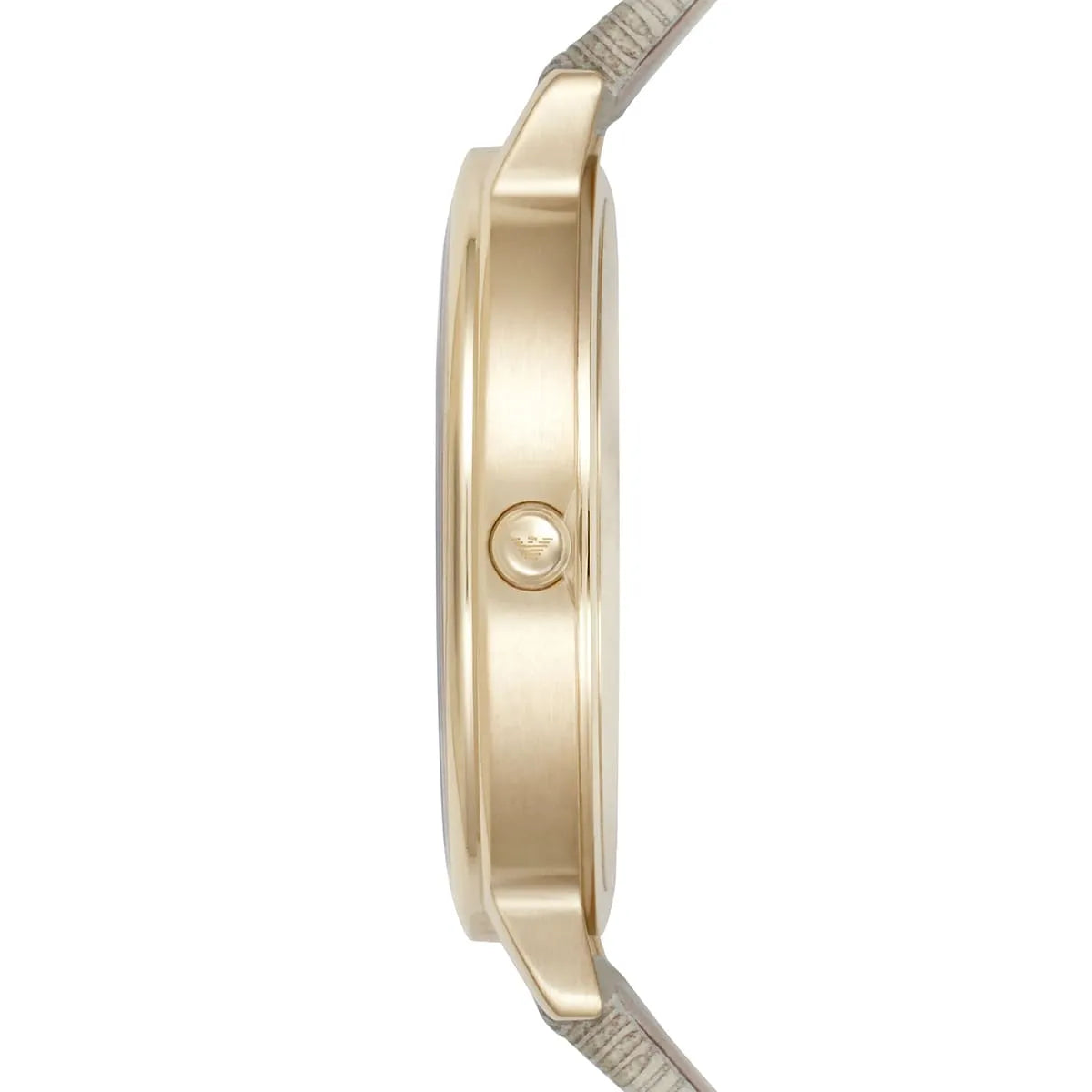 Side profile of AR11042 showing gold round case and beige leather strap