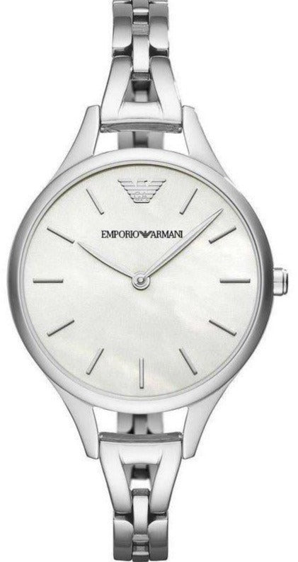Emporio Armani AR11054 women's watch with white dial and silver bracelet, front view
