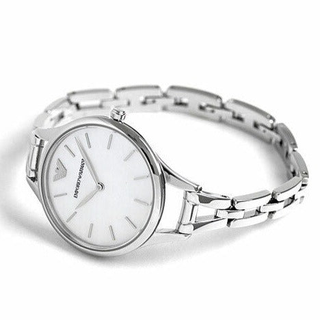 Emporio Armani AR11054 women's dress watch worn on wrist with silver metal bracelet