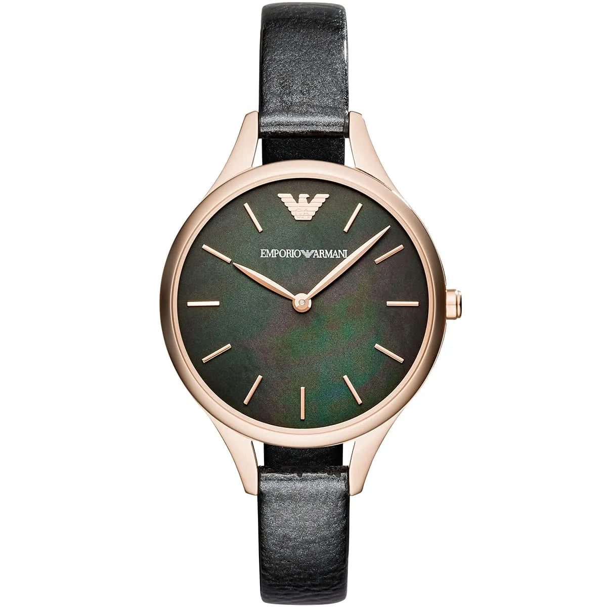 Emporio Armani Aurora women's watch front view with green-toned mother-of-pearl dial and black leather strap