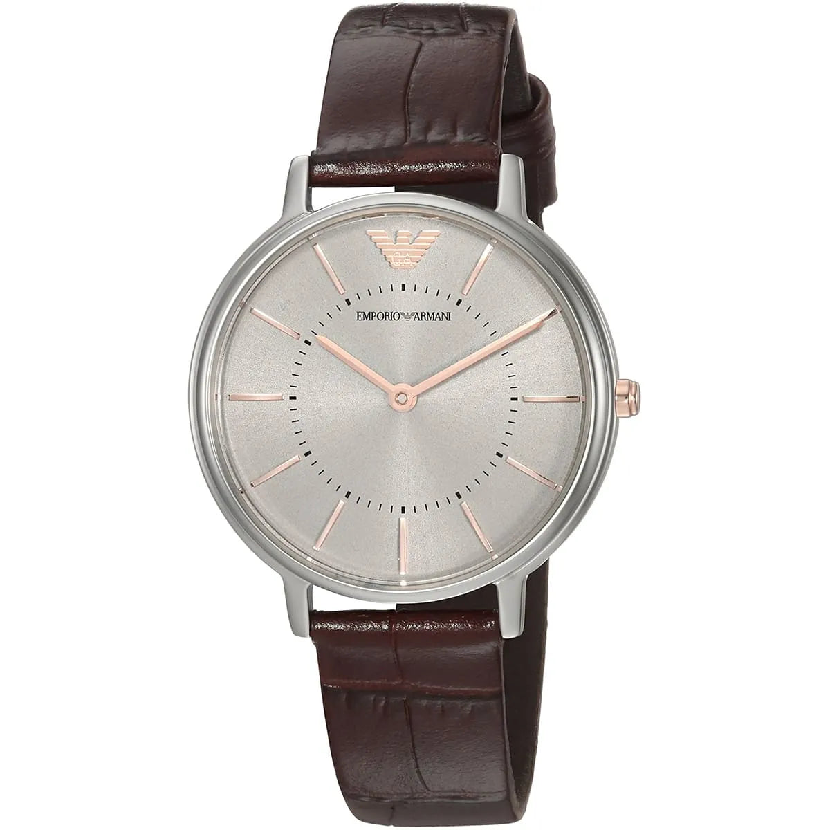 AR11063 Emporio Armani watch with cream dial, rose gold hands, and brown crocodile-embossed leather strap