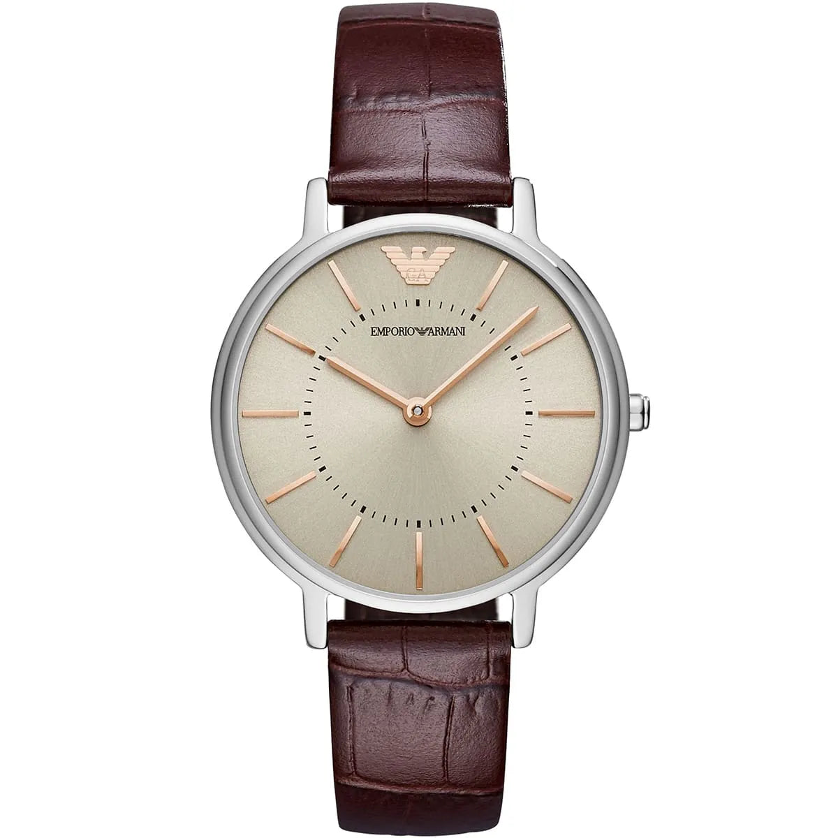 Emporio Armani AR11063 women's watch with silver dial and brown leather strap