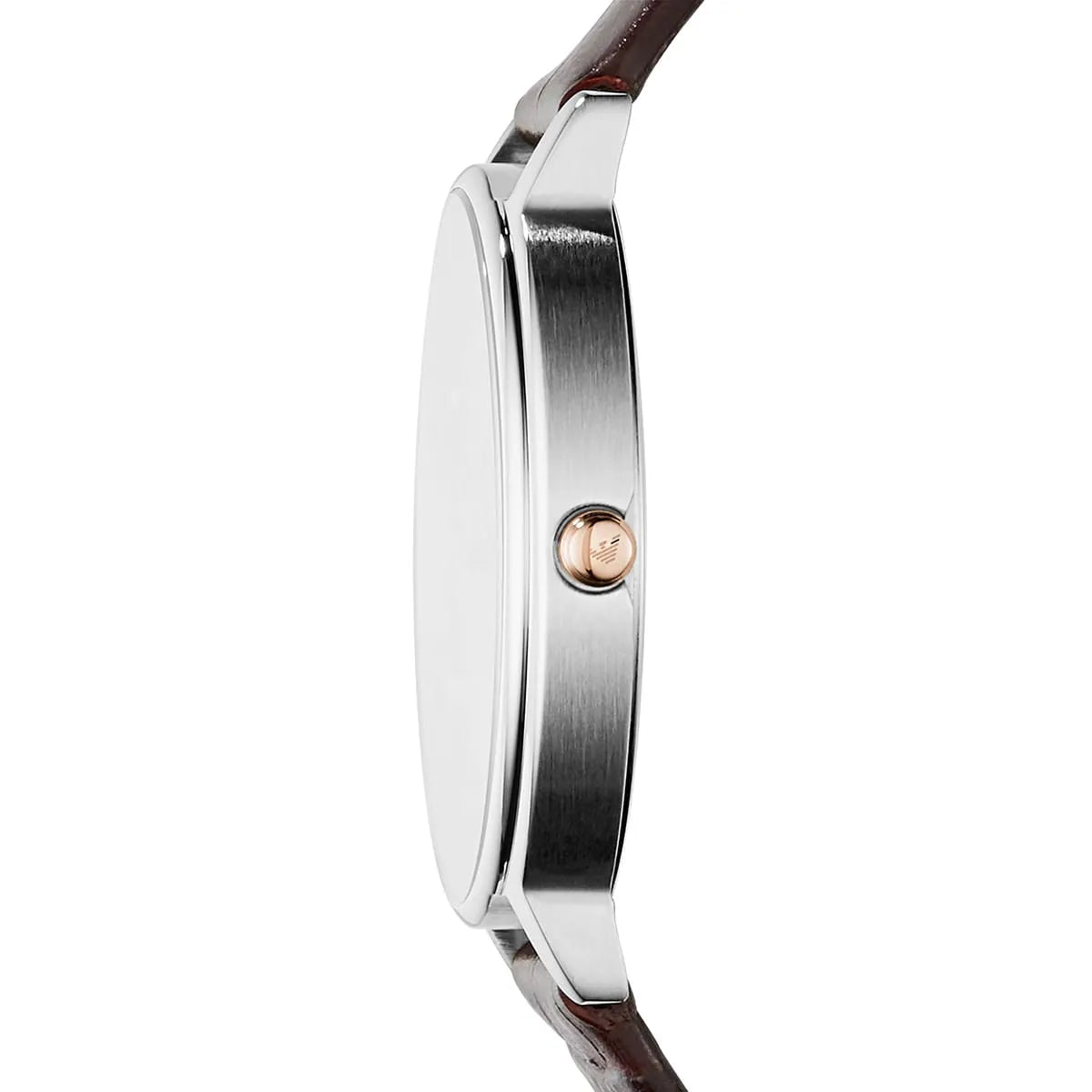 Side profile of Emporio Armani AR11063 showing stainless steel case and brown leather band