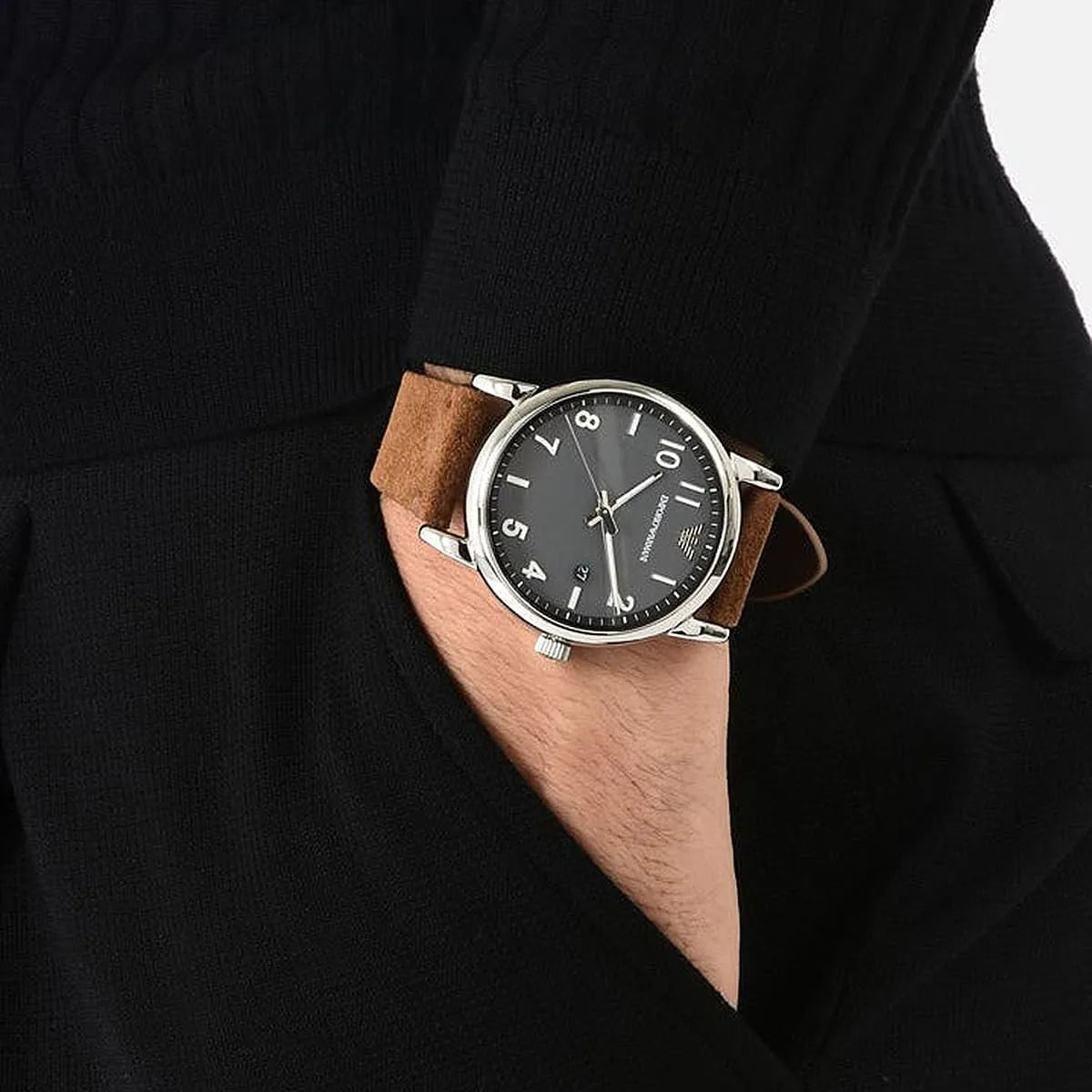 Emporio Armani Luigi Quartz Gray Dial Brown Leather Strap Watch For Men AR11070