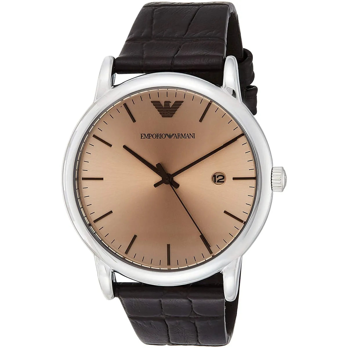 Emporio Armani Luigi watch angled view showing bronze dial and brown strap