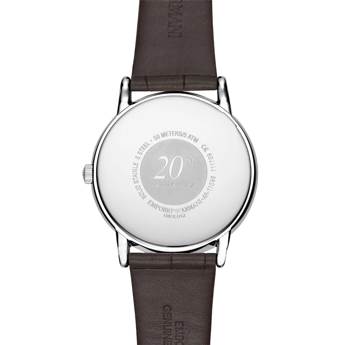 Emporio Armani Luigi caseback detail showing stainless steel with engraved marking