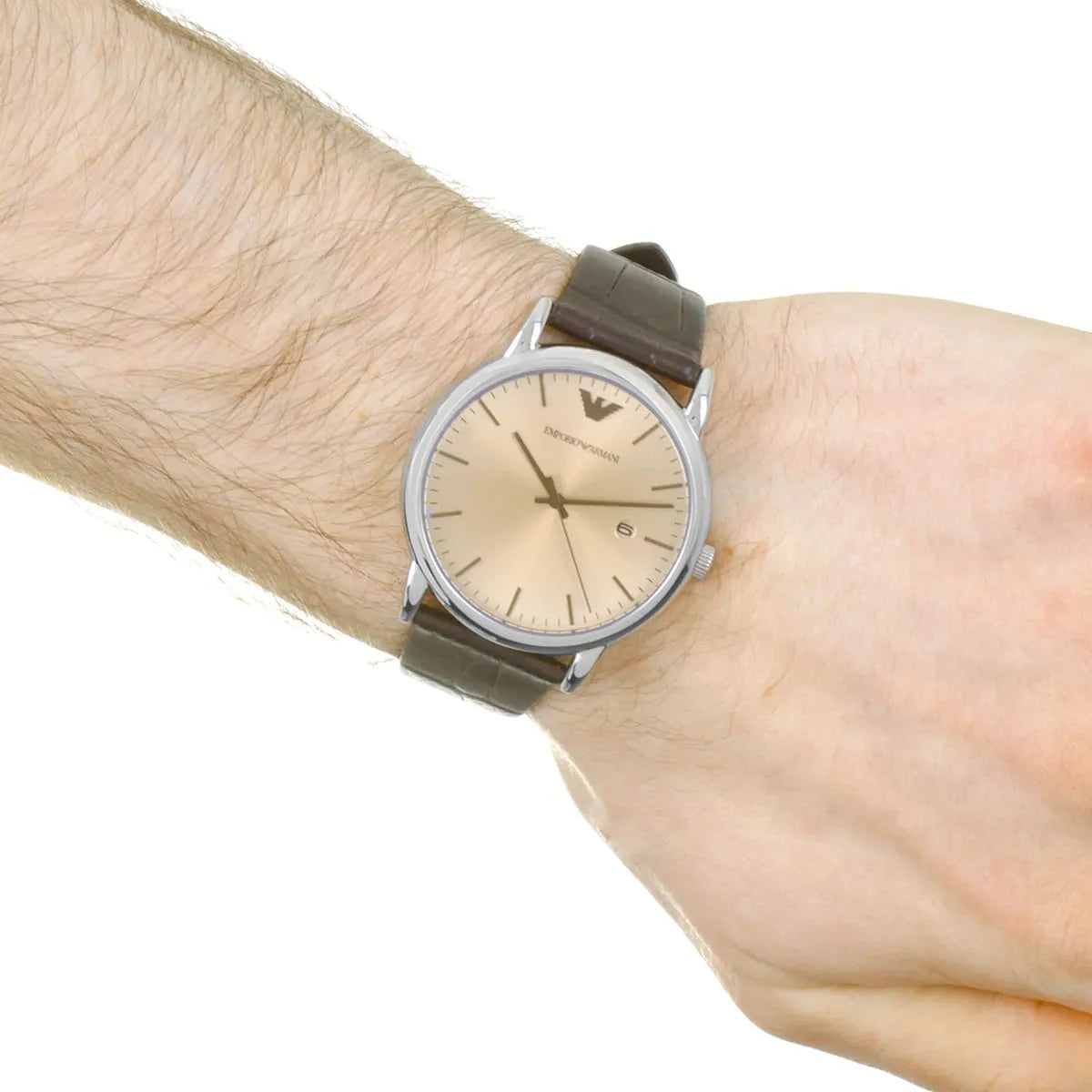 On-wrist view of Emporio Armani Luigi with bronze dial and brown leather band
