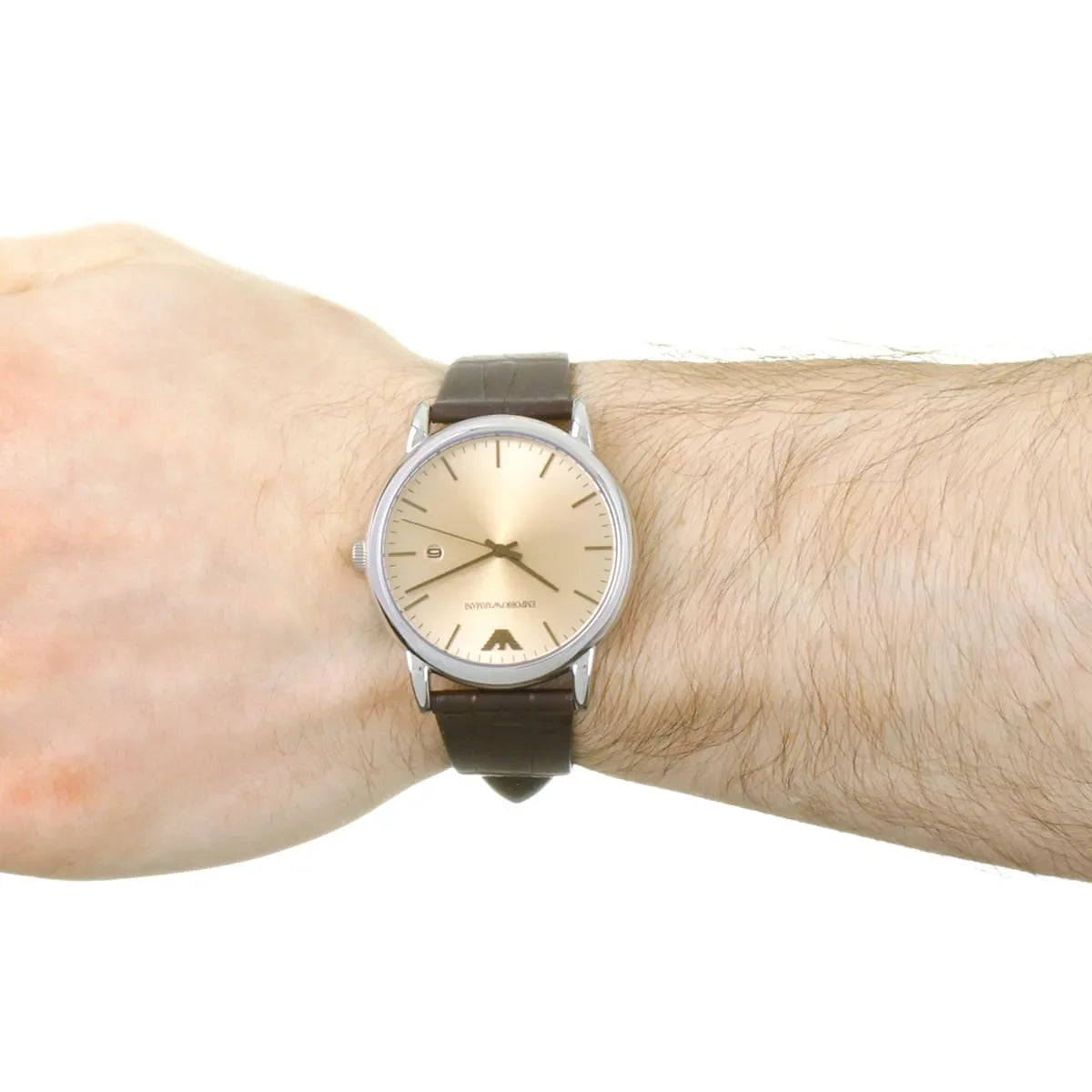 Emporio Armani Luigi watch worn on wrist showing bronze dial and brown leather strap