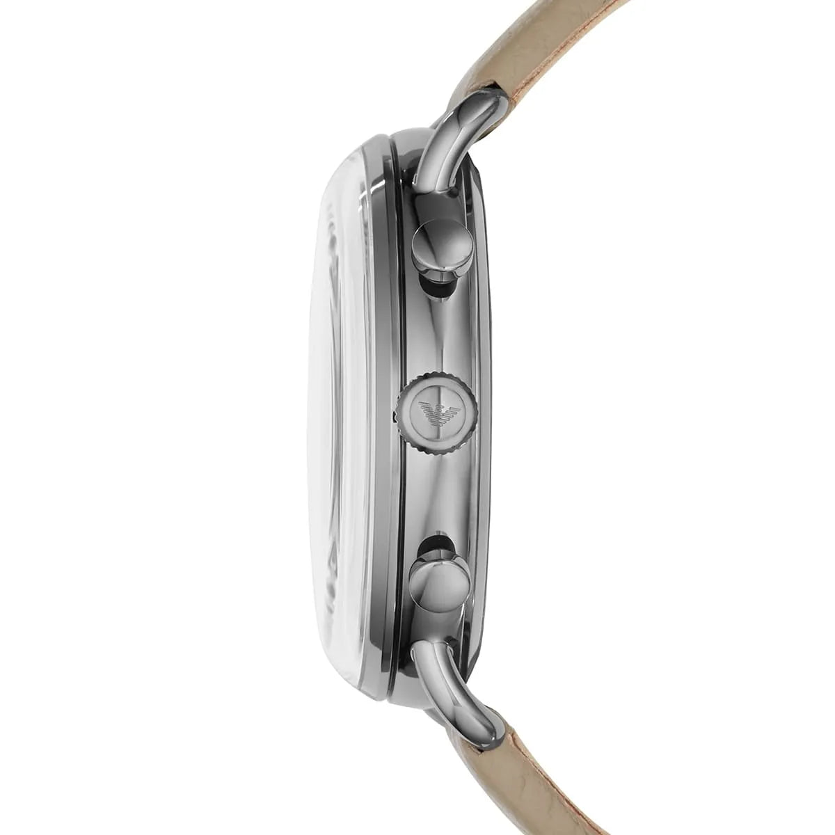 Side profile of AR11107 watch displaying silver-tone case and crown with pushers