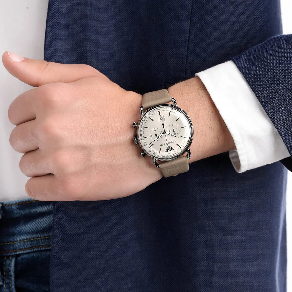 AR11107 dress watch on wrist showing cream dial and chronograph function