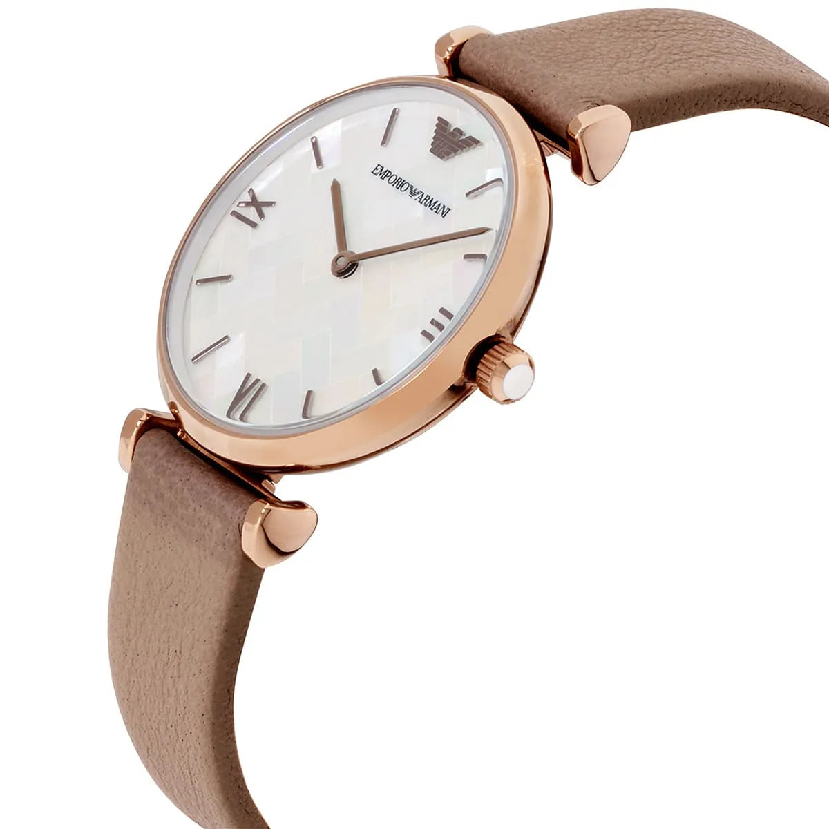 Emporio Armani AR11111 watch at angle showcasing rose gold case and beige leather strap