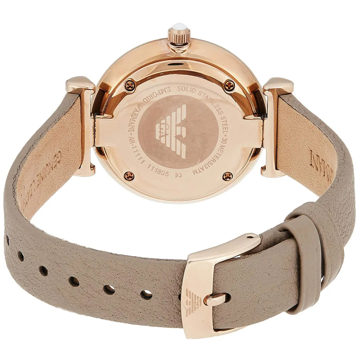 Emporio Armani AR11111 case back with Emporio Armani eagle logo and watch specifications