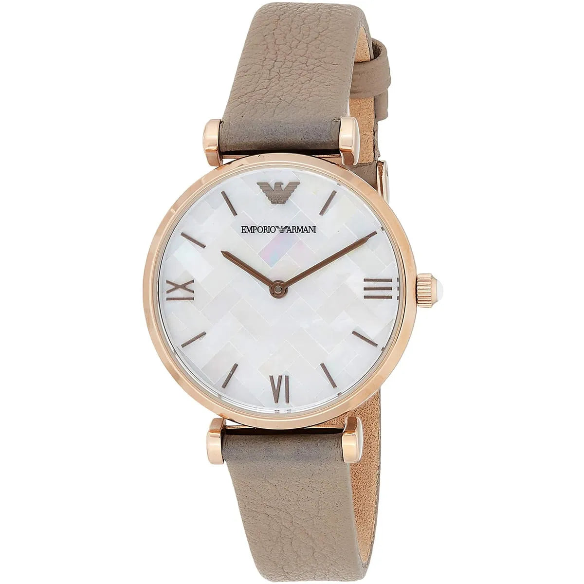 Emporio Armani AR11111 watch front view showing white dial with Roman numerals and eagle logo
