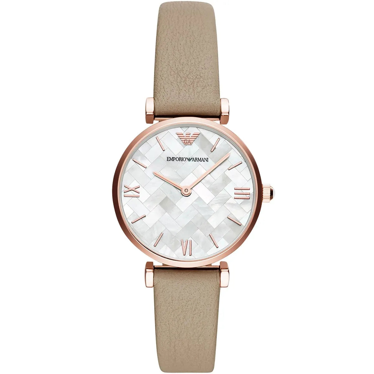 Emporio Armani AR11111 women's watch with white mother-of-pearl dial and beige leather strap
