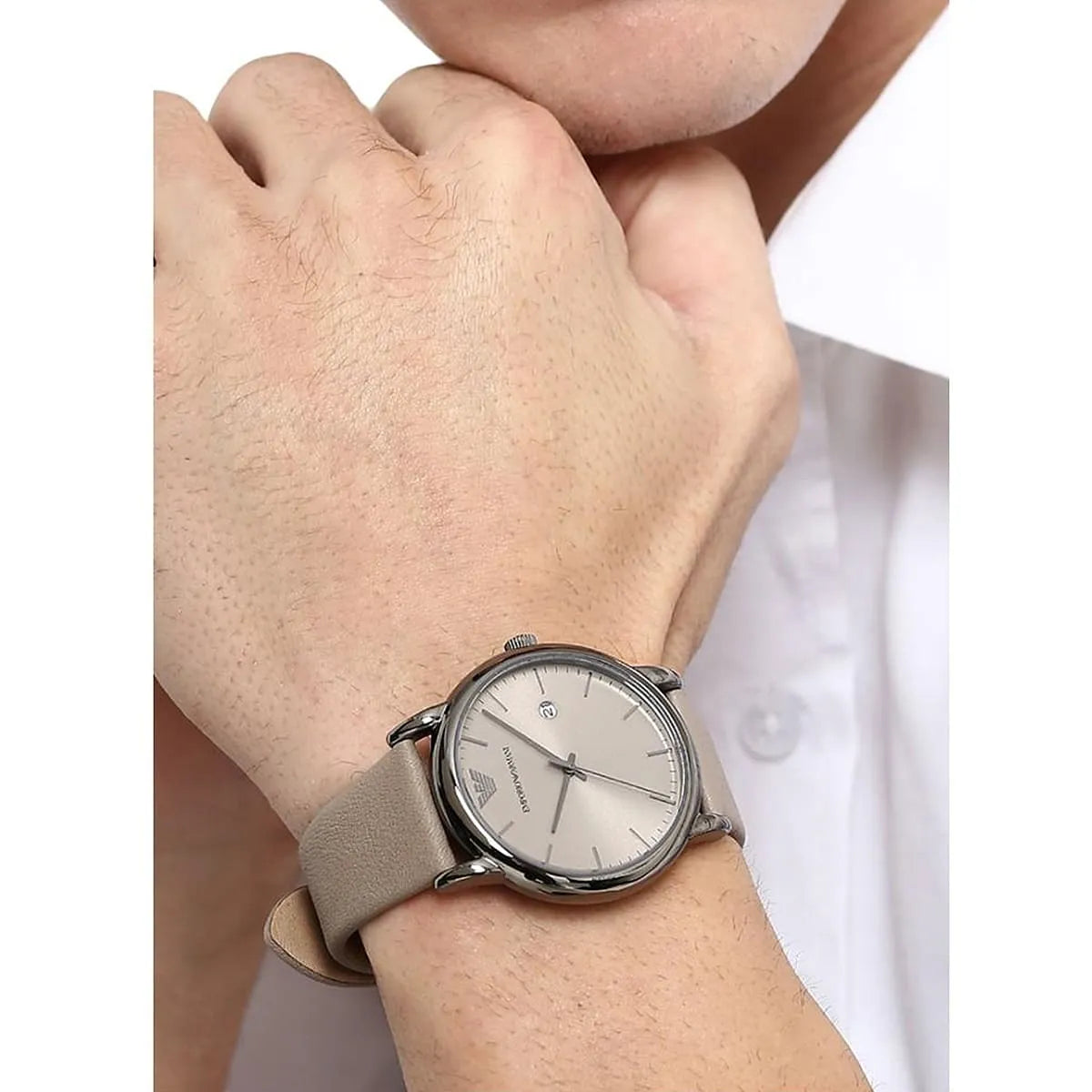 Emporio Armani AR11116 watch worn on wrist with taupe leather strap