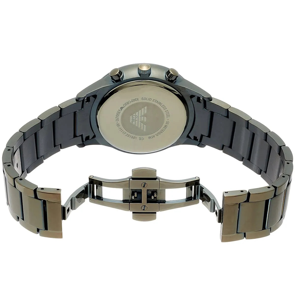 Emporio Armani AR11117 watch caseback showing stainless steel and Emporio Armani branding