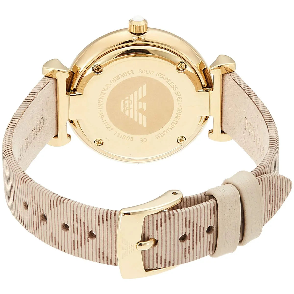 Caseback of Emporio Armani AR11127 with gold-tone metal and brand logo