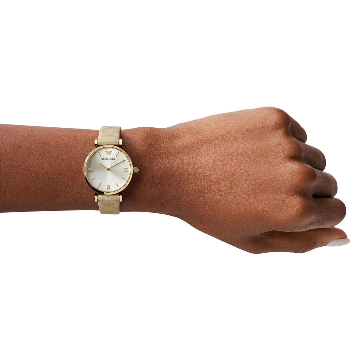 Textured beige leather strap of Emporio Armani AR11127 with gold buckle closure