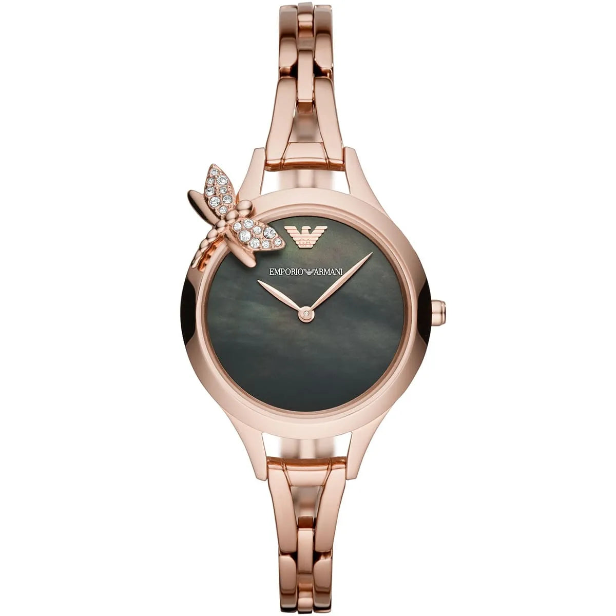 Emporio Armani Aurora women's watch with gray mother-of-pearl dial, rose gold case, and crystal flower charm