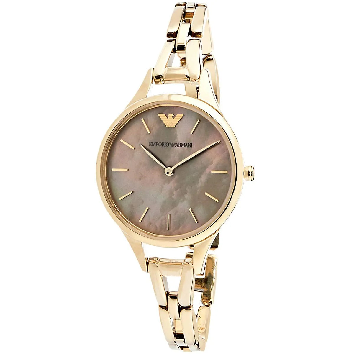 Side angle view of Emporio Armani AURORA AR11140 with gold-tone stainless steel bracelet