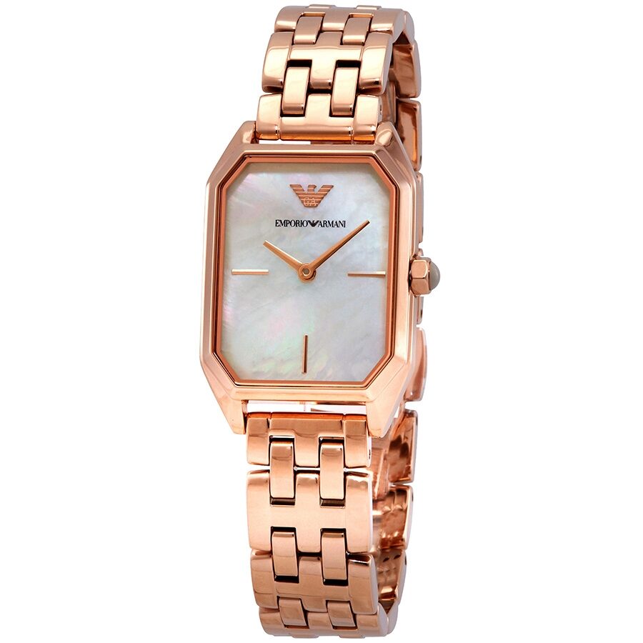 Emporio Armani Giola rose gold watch side angle view showing rectangular case and metal strap