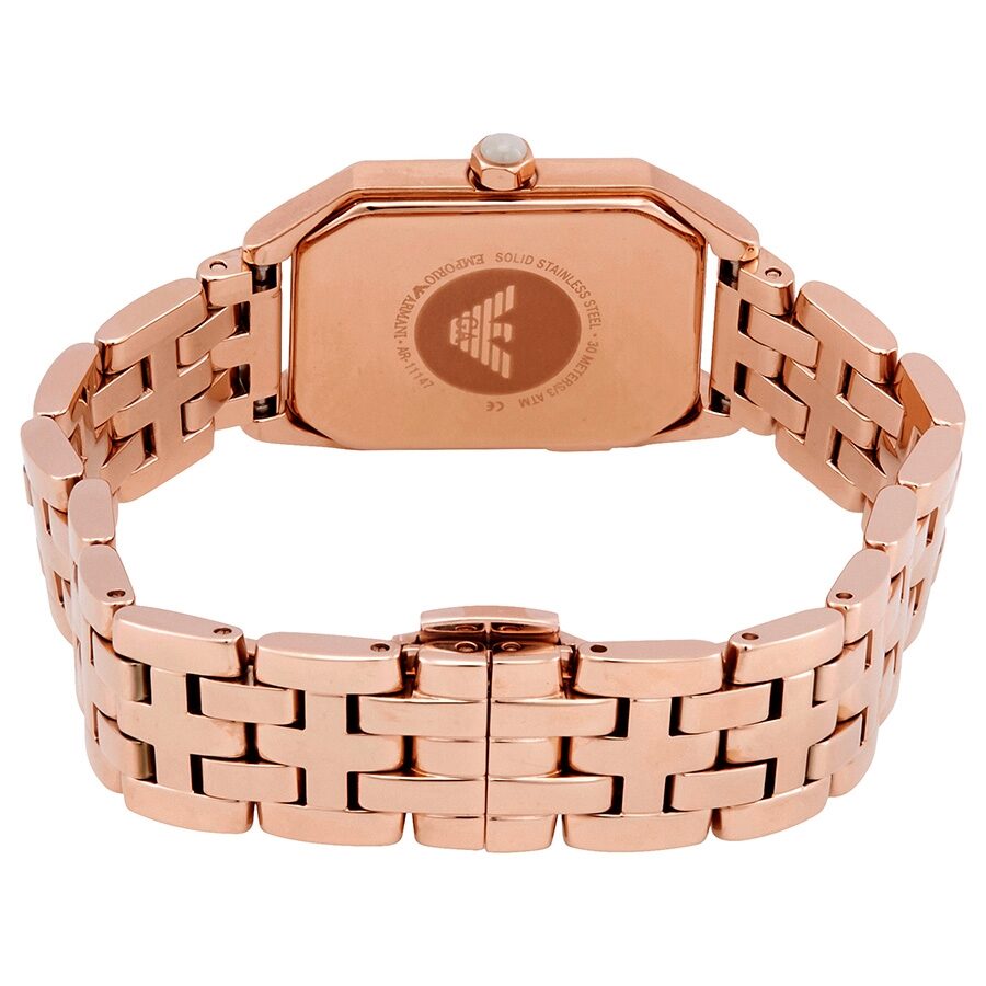 Emporio Armani Giola rose gold watch caseback showing engraved eagle logo