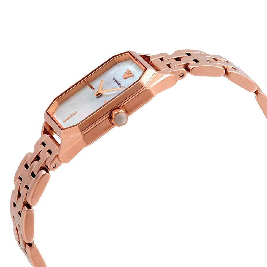Emporio Armani Giola rose gold watch side profile view of rectangular case and strap
