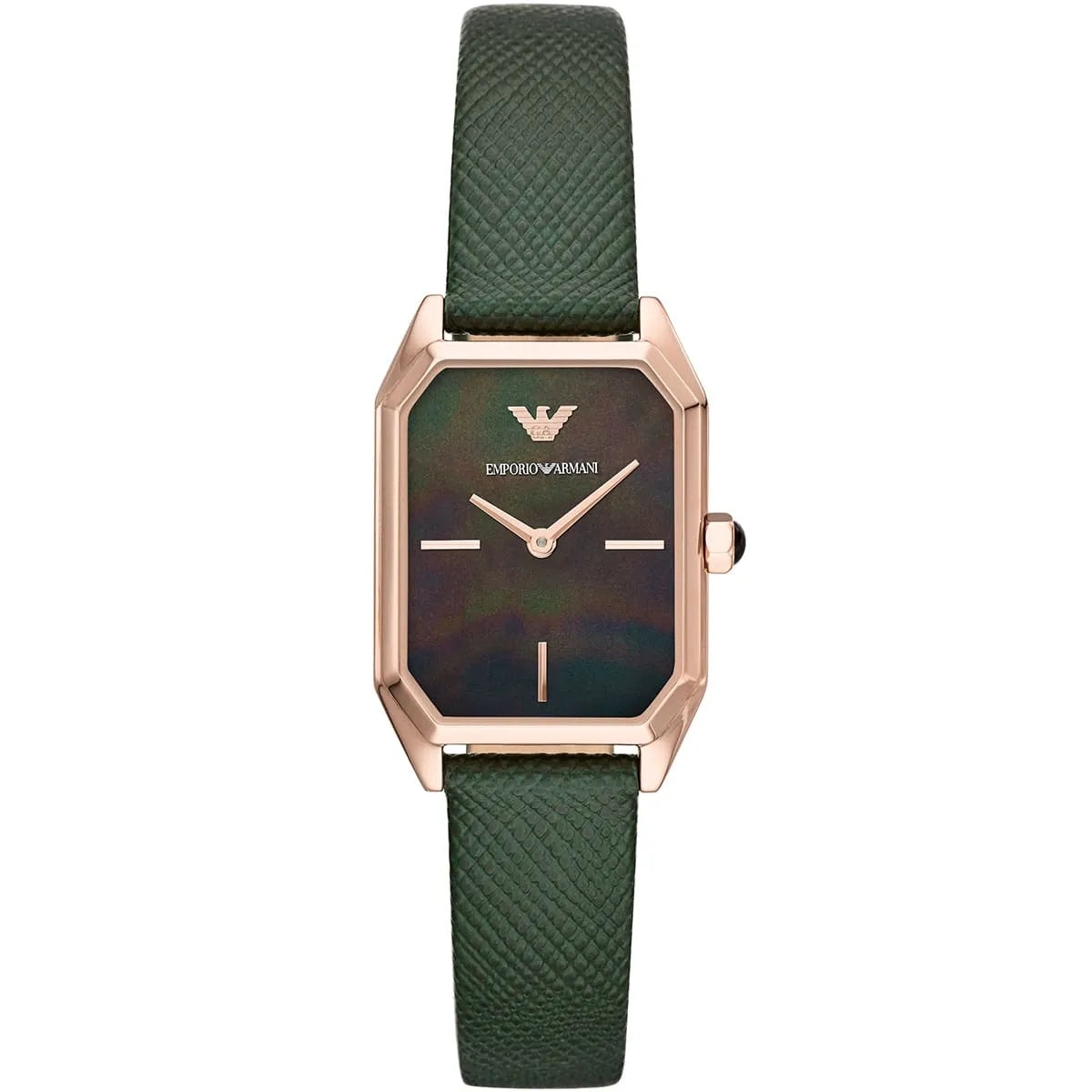 Emporio Armani AR11149 women's watch front view with black mother-of-pearl dial and green leather strap