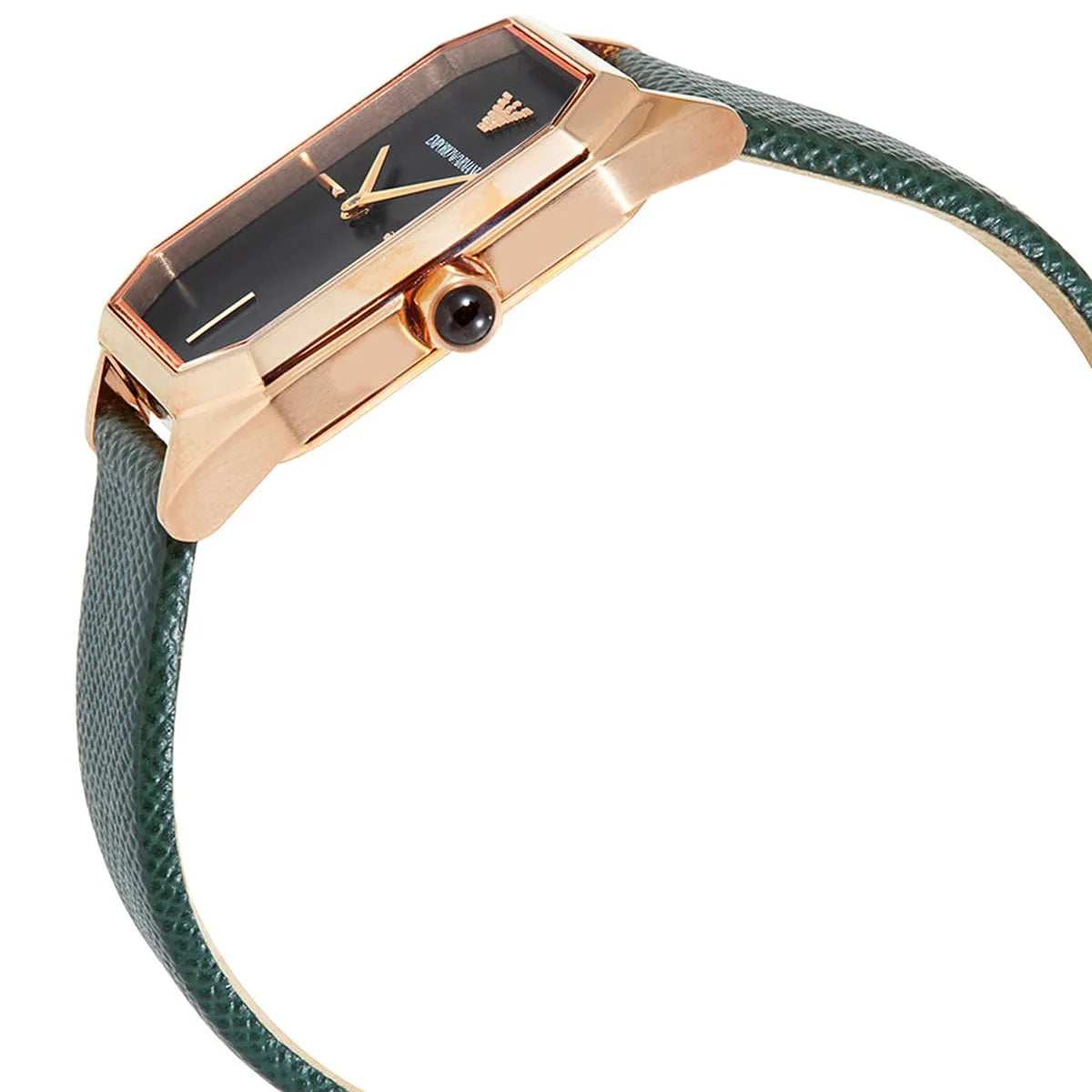 Emporio Armani AR11149 side view displaying rose gold case depth and green leather band